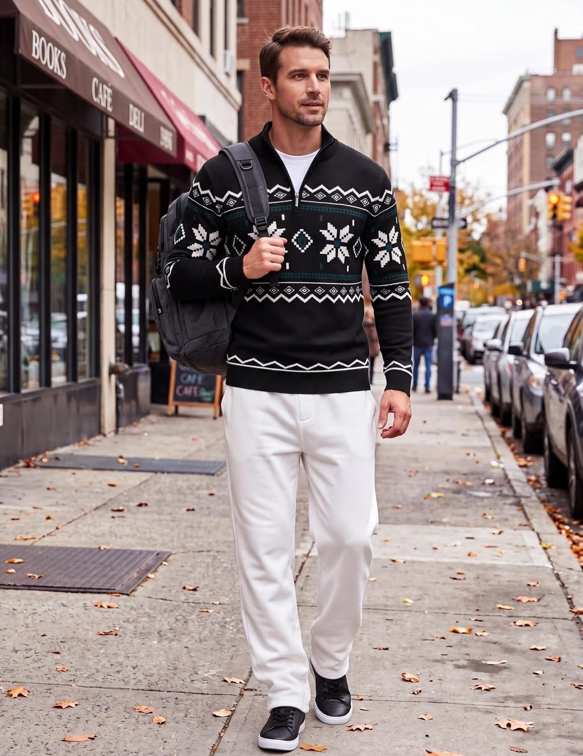image:imageCOOFANDY Mens Quarter Zip Up Sweaters Slim Fit Lightweight Mock PulloverBlack White Green Pattern