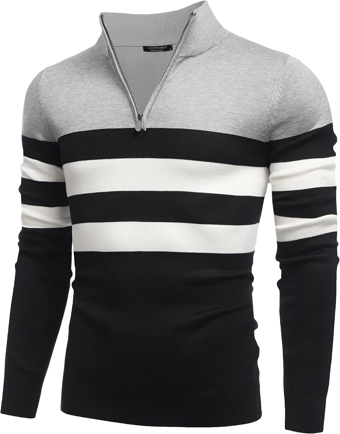 image:imageCOOFANDY Mens Quarter Zip Up Sweaters Slim Fit Lightweight Mock PulloverBlack White Grey Stripe