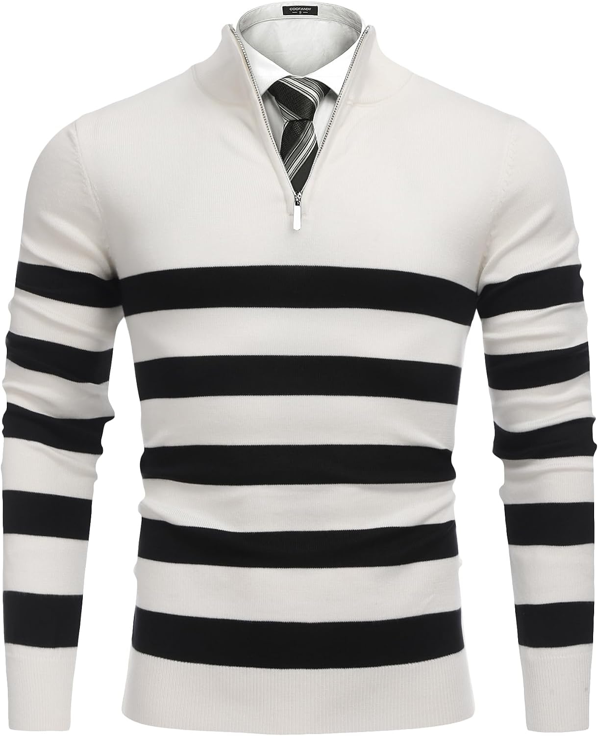 image:imageCOOFANDY Mens Quarter Zip Up Sweaters Slim Fit Lightweight Mock PulloverBlack White Stripe