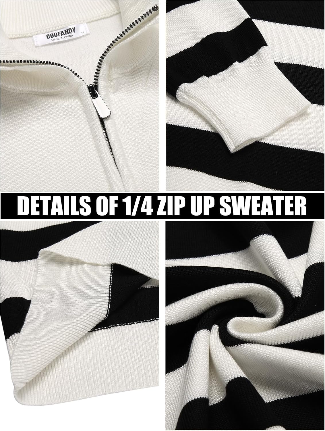 image:imageCOOFANDY Mens Quarter Zip Up Sweaters Slim Fit Lightweight Mock PulloverBlack White Stripe
