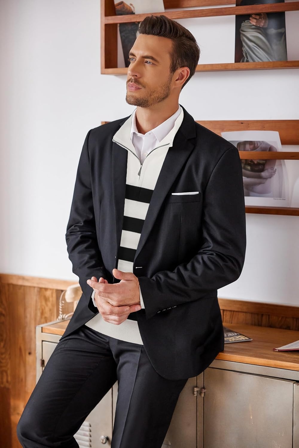 image:imageCOOFANDY Mens Quarter Zip Up Sweaters Slim Fit Lightweight Mock PulloverBlack White Stripe