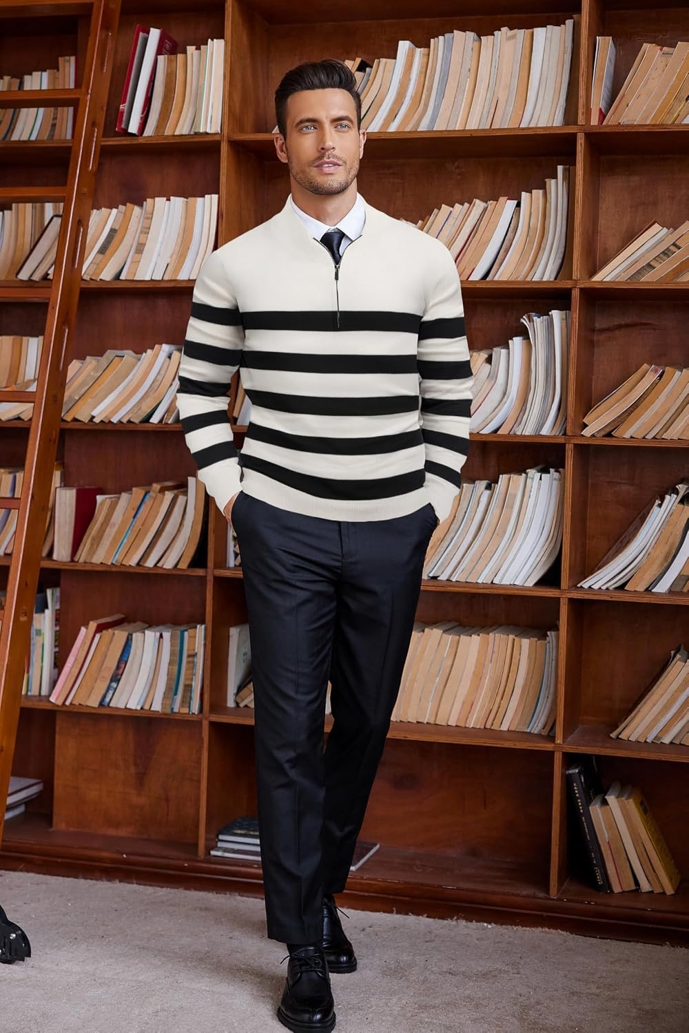 image:imageCOOFANDY Mens Quarter Zip Up Sweaters Slim Fit Lightweight Mock PulloverBlack White Stripe