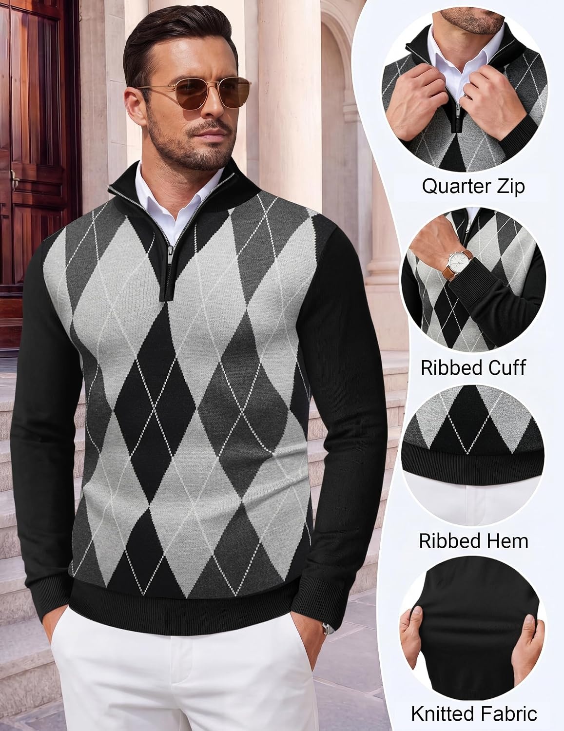 image:imageCOOFANDY Mens Quarter Zip Up Sweaters Slim Fit Lightweight Mock PulloverBlack Argyle