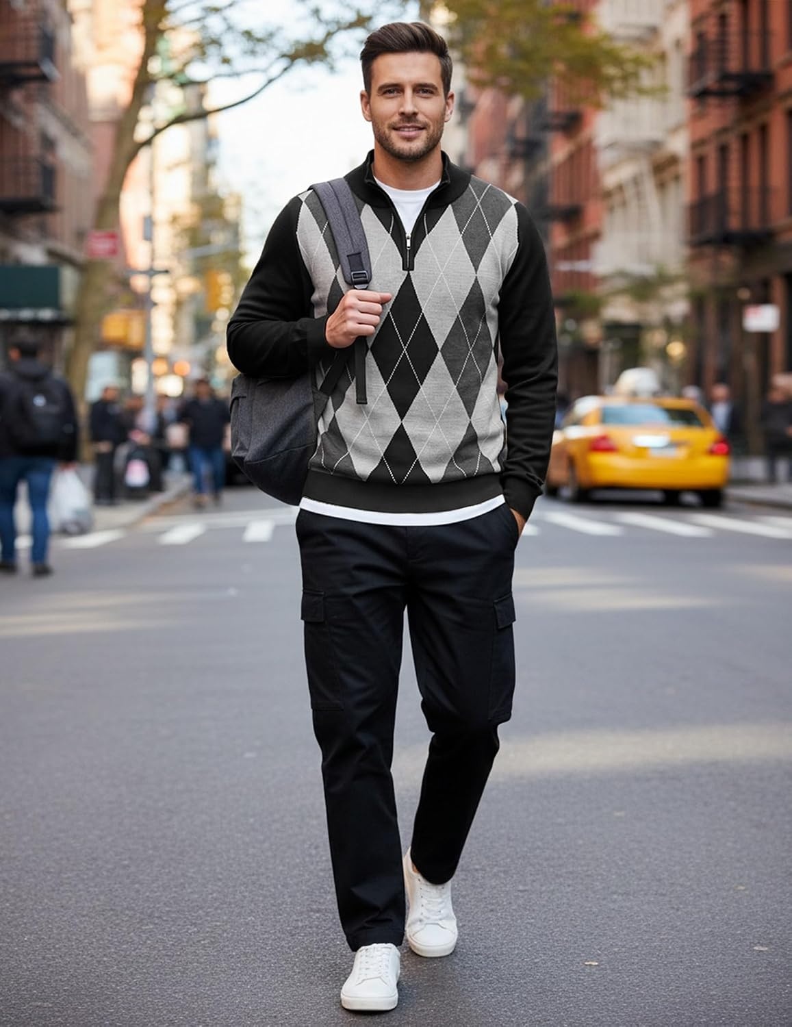 image:imageCOOFANDY Mens Quarter Zip Up Sweaters Slim Fit Lightweight Mock PulloverBlack Argyle