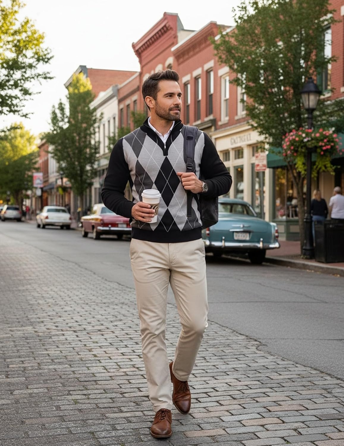 image:imageCOOFANDY Mens Quarter Zip Up Sweaters Slim Fit Lightweight Mock PulloverBlack Argyle