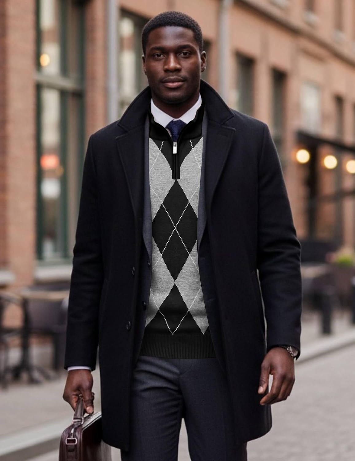 image:imageCOOFANDY Mens Quarter Zip Up Sweaters Slim Fit Lightweight Mock PulloverBlack Argyle