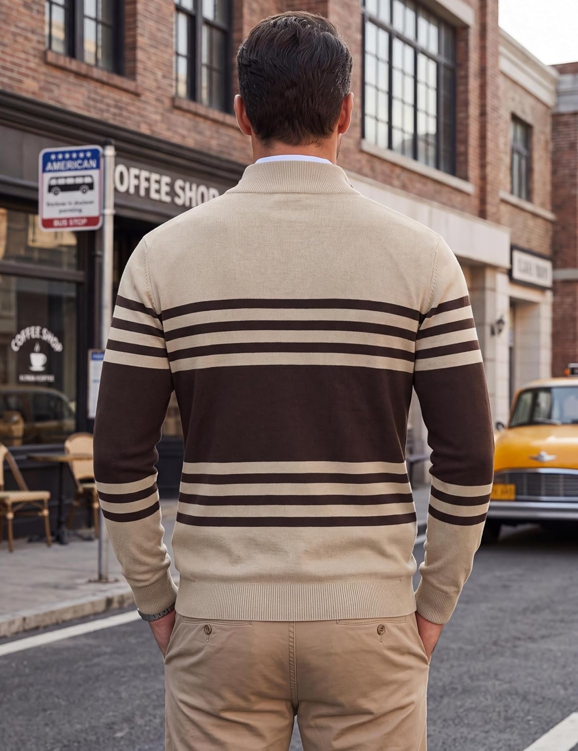 image:imageCOOFANDY Mens Quarter Zip Up Sweaters Slim Fit Lightweight Mock PulloverBrown Beige