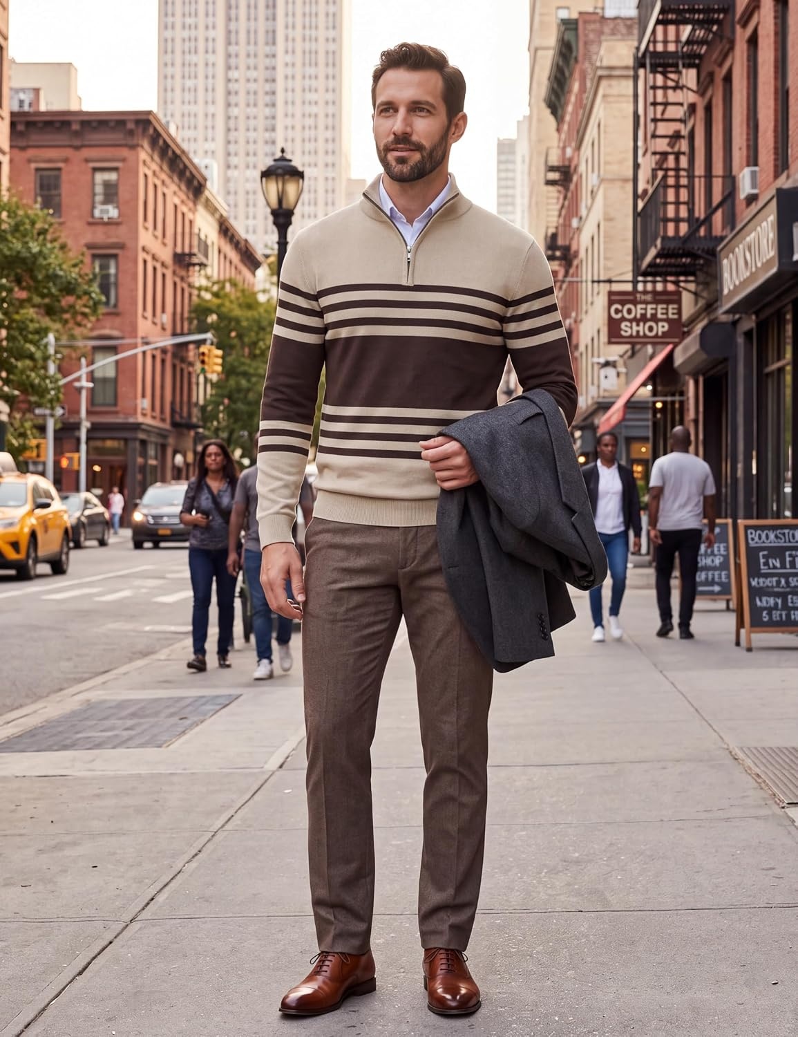 image:imageCOOFANDY Mens Quarter Zip Up Sweaters Slim Fit Lightweight Mock PulloverBrown Beige