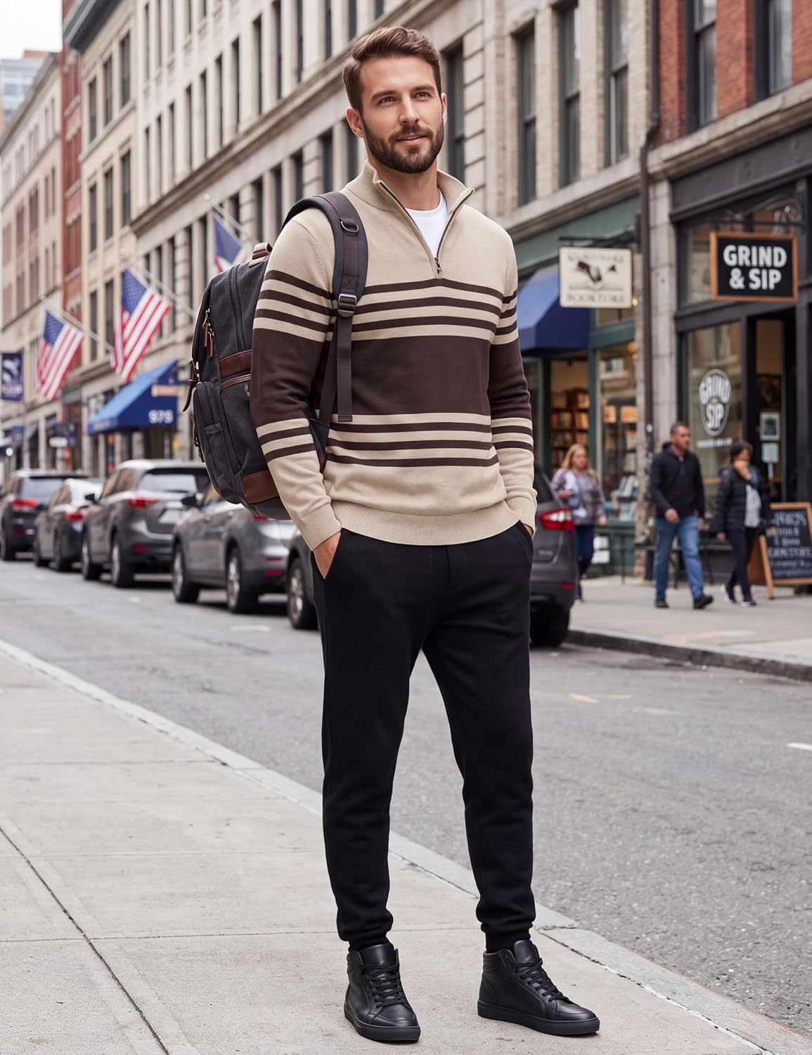 image:imageCOOFANDY Mens Quarter Zip Up Sweaters Slim Fit Lightweight Mock PulloverBrown Beige