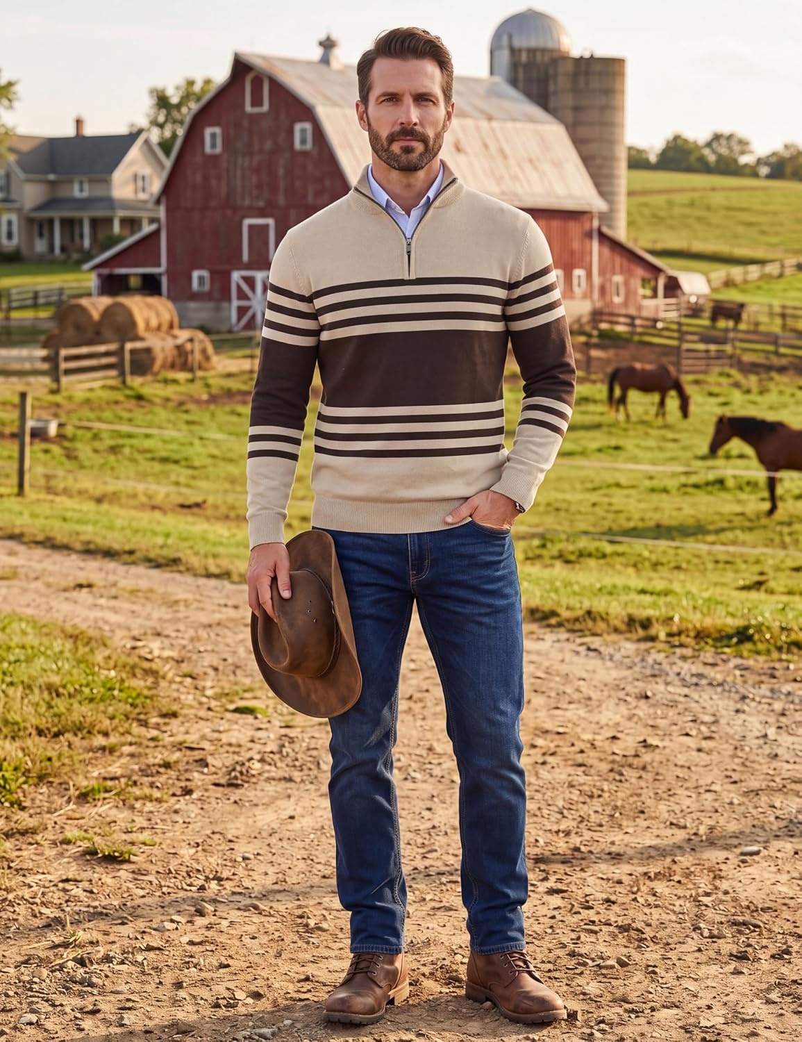 image:imageCOOFANDY Mens Quarter Zip Up Sweaters Slim Fit Lightweight Mock PulloverBrown Beige