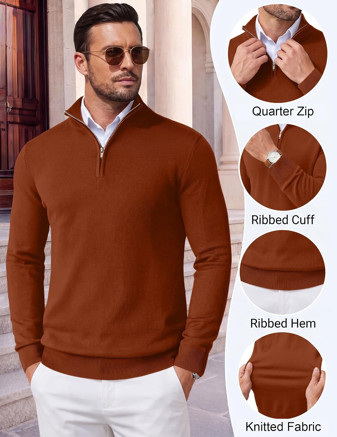 image:imageCOOFANDY Mens Quarter Zip Up Sweaters Slim Fit Lightweight Mock PulloverCaramel
