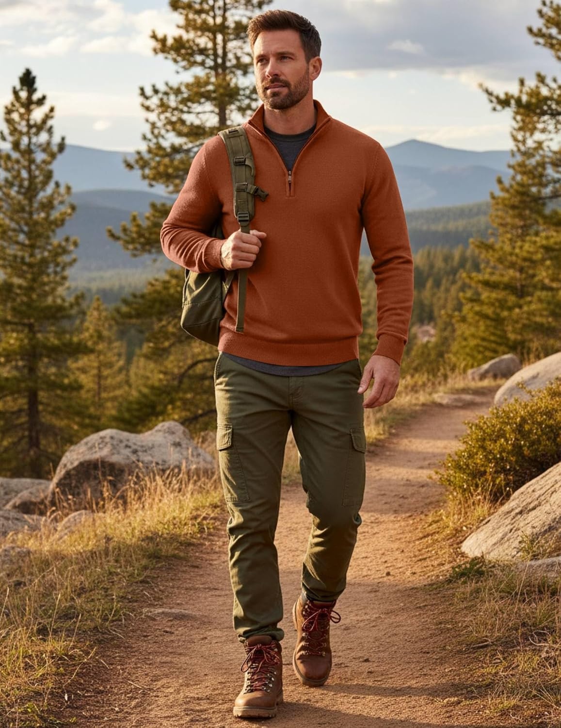 image:imageCOOFANDY Mens Quarter Zip Up Sweaters Slim Fit Lightweight Mock PulloverCaramel