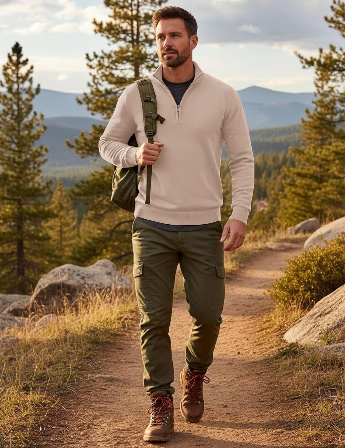 image:imageCOOFANDY Mens Quarter Zip Up Sweaters Slim Fit Lightweight Mock PulloverChampagne