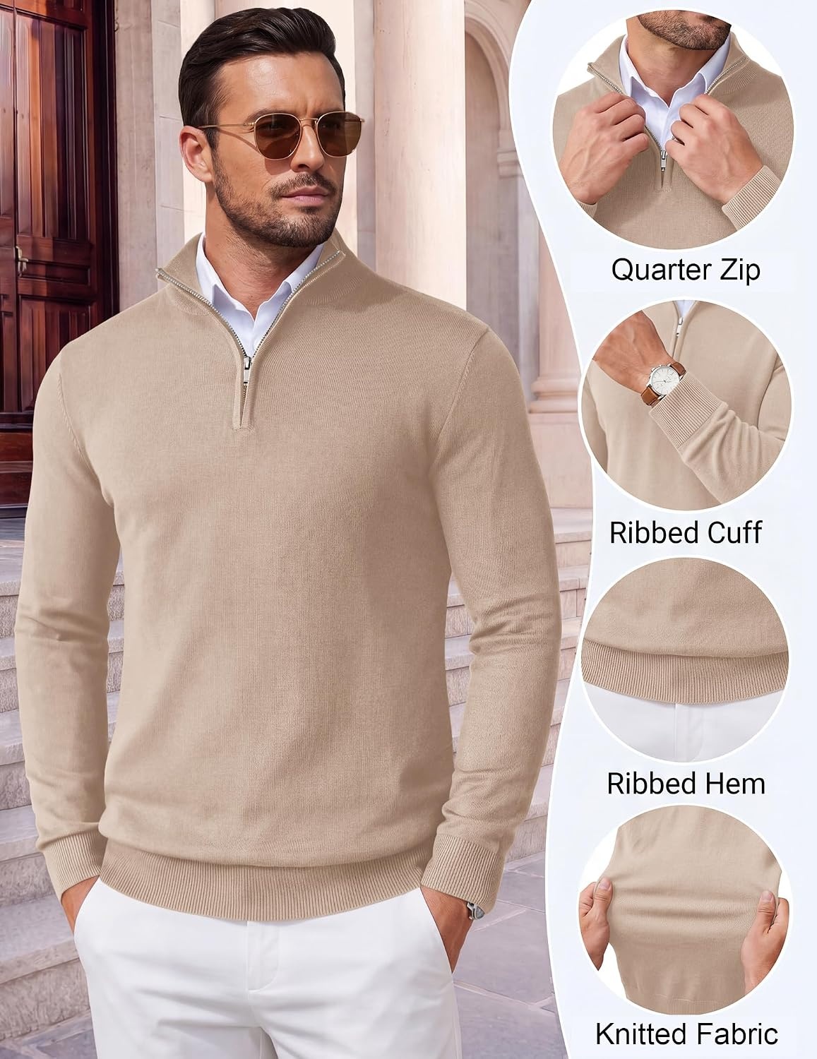 image:imageCOOFANDY Mens Quarter Zip Up Sweaters Slim Fit Lightweight Mock PulloverChampagne