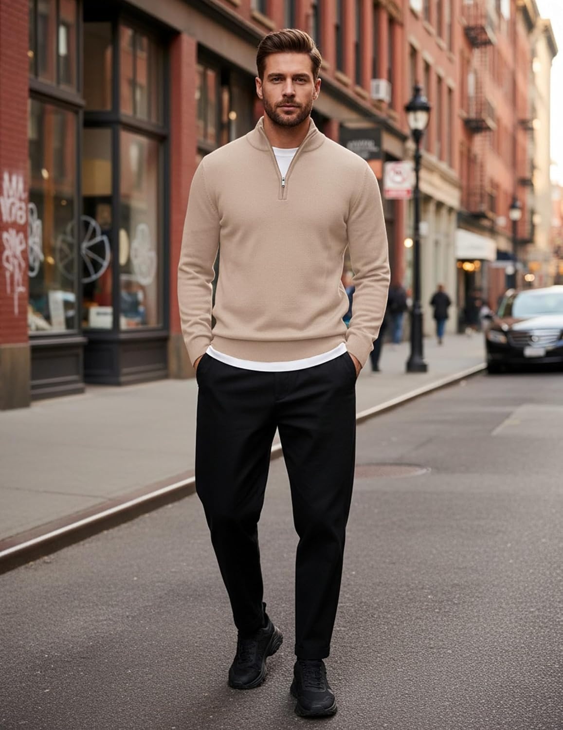 image:imageCOOFANDY Mens Quarter Zip Up Sweaters Slim Fit Lightweight Mock PulloverChampagne