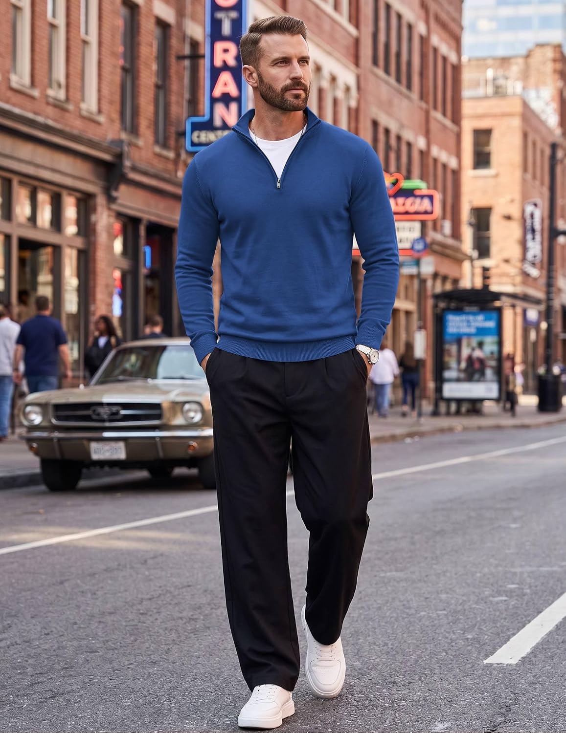 image:imageCOOFANDY Mens Quarter Zip Up Sweaters Slim Fit Lightweight Mock PulloverDark Blue