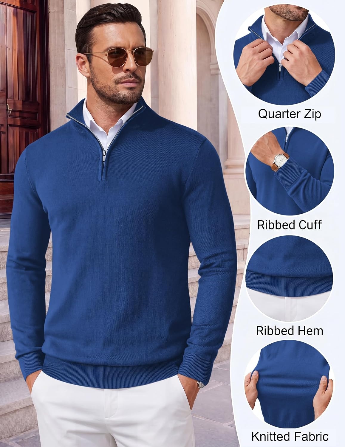 image:imageCOOFANDY Mens Quarter Zip Up Sweaters Slim Fit Lightweight Mock PulloverDark Blue