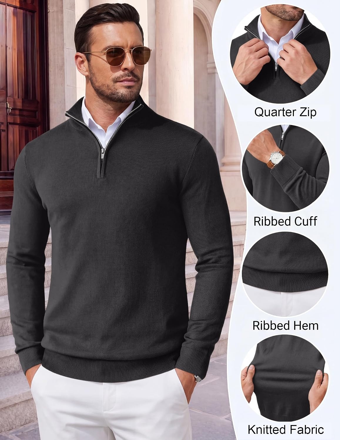 image:imageCOOFANDY Mens Quarter Zip Up Sweaters Slim Fit Lightweight Mock PulloverDark Grey