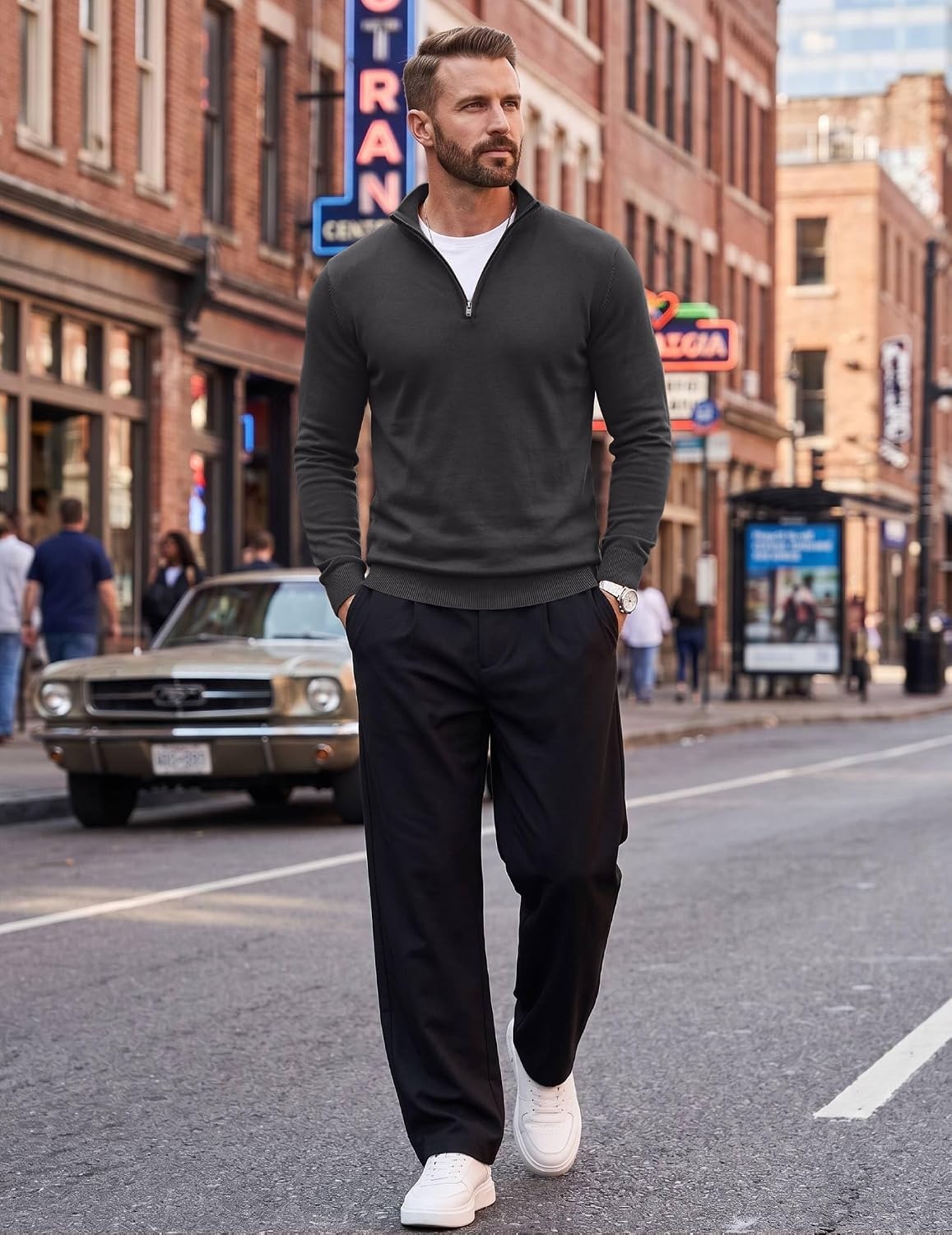 image:imageCOOFANDY Mens Quarter Zip Up Sweaters Slim Fit Lightweight Mock PulloverDark Grey