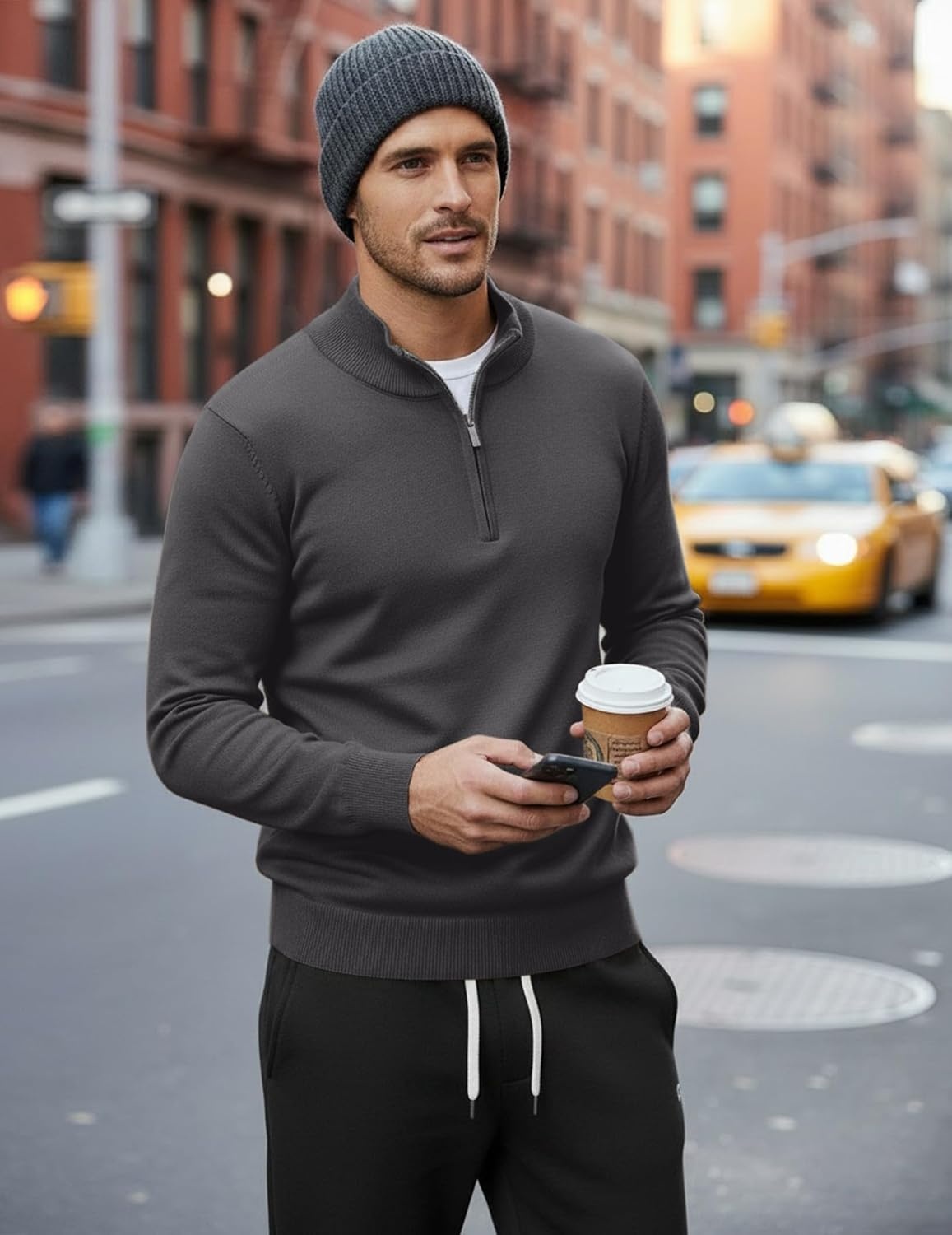 image:imageCOOFANDY Mens Quarter Zip Up Sweaters Slim Fit Lightweight Mock PulloverDark Grey