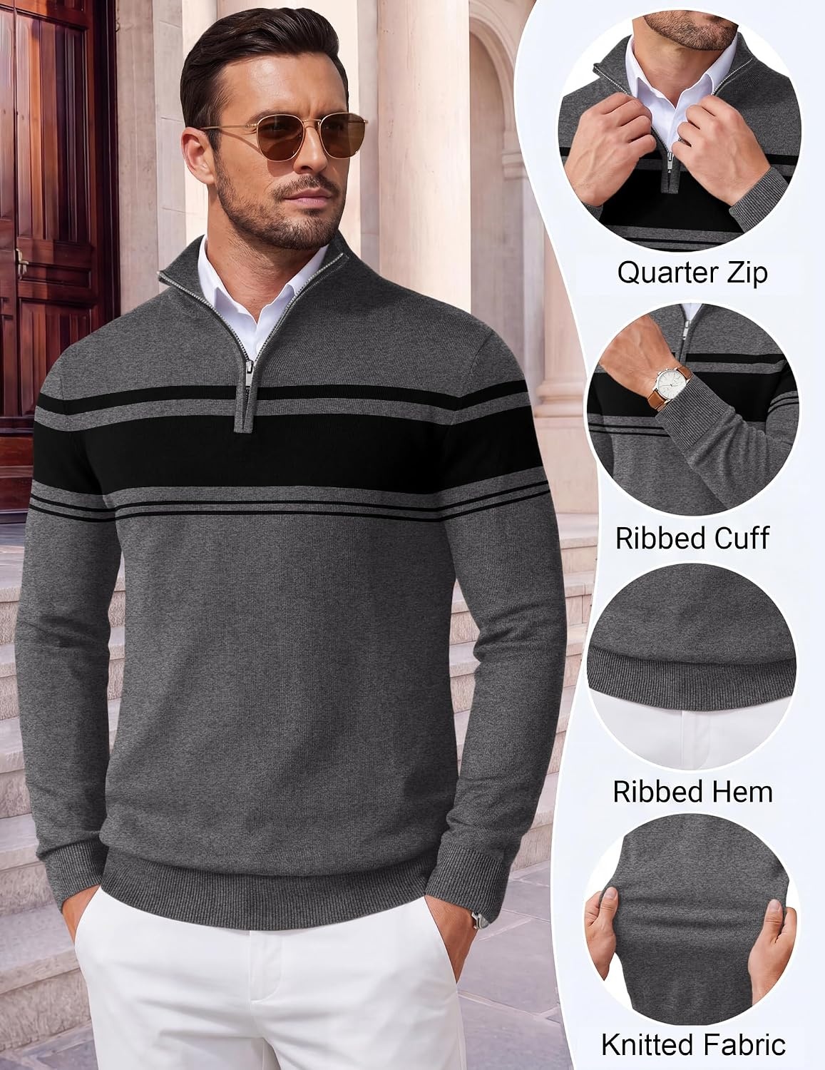 image:imageCOOFANDY Mens Quarter Zip Up Sweaters Slim Fit Lightweight Mock PulloverDark Heather Grey Black Stripe