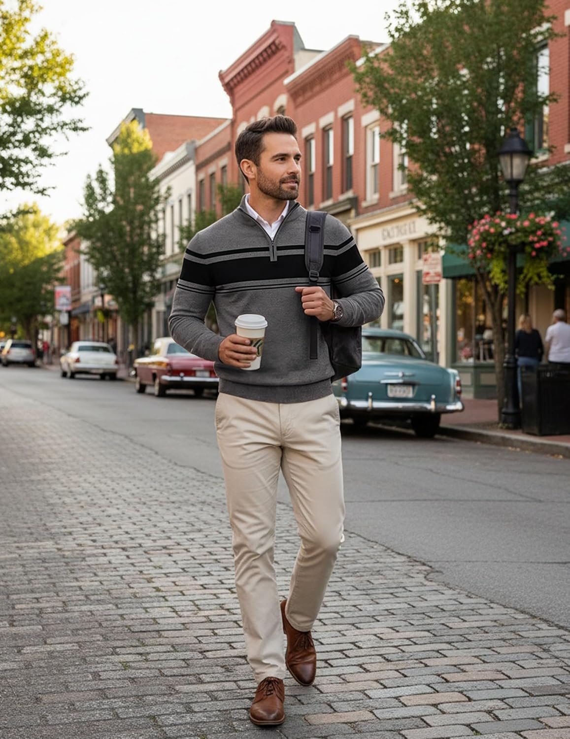 image:imageCOOFANDY Mens Quarter Zip Up Sweaters Slim Fit Lightweight Mock PulloverDark Heather Grey Black Stripe