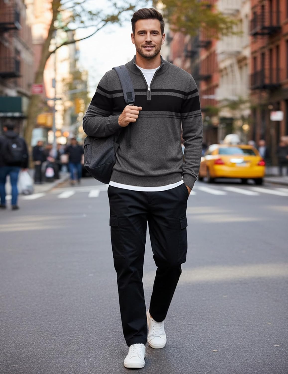 image:imageCOOFANDY Mens Quarter Zip Up Sweaters Slim Fit Lightweight Mock PulloverDark Heather Grey Black Stripe