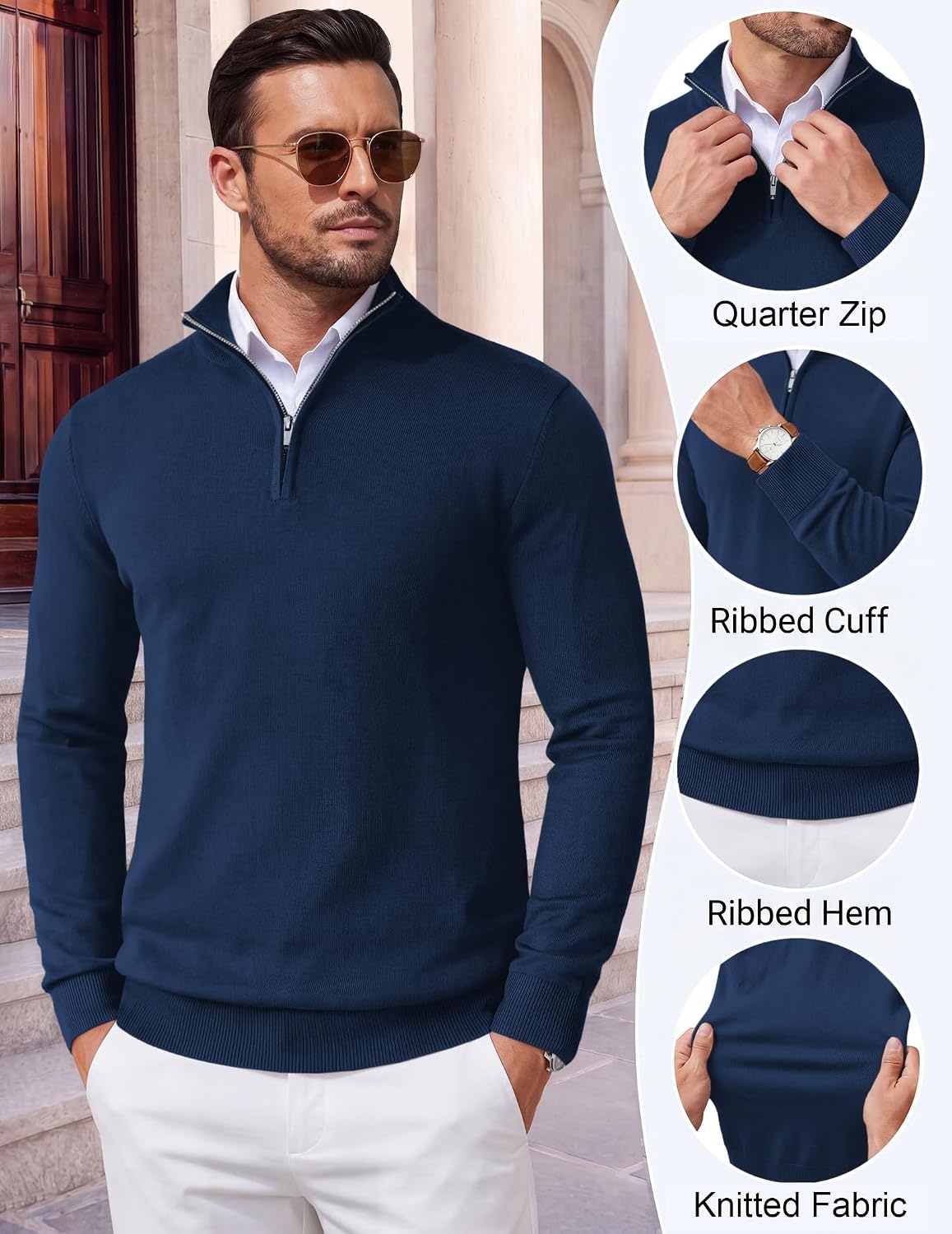 image:imageCOOFANDY Mens Quarter Zip Up Sweaters Slim Fit Lightweight Mock PulloverDeep Blue