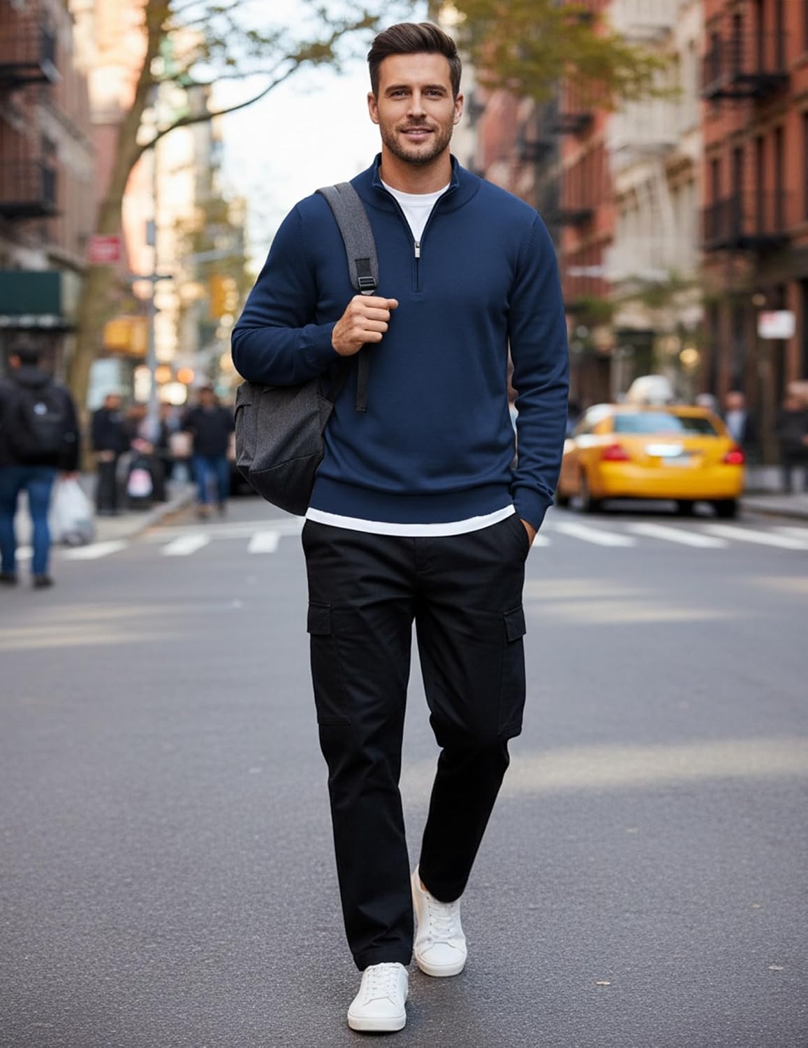 image:imageCOOFANDY Mens Quarter Zip Up Sweaters Slim Fit Lightweight Mock PulloverDeep Blue