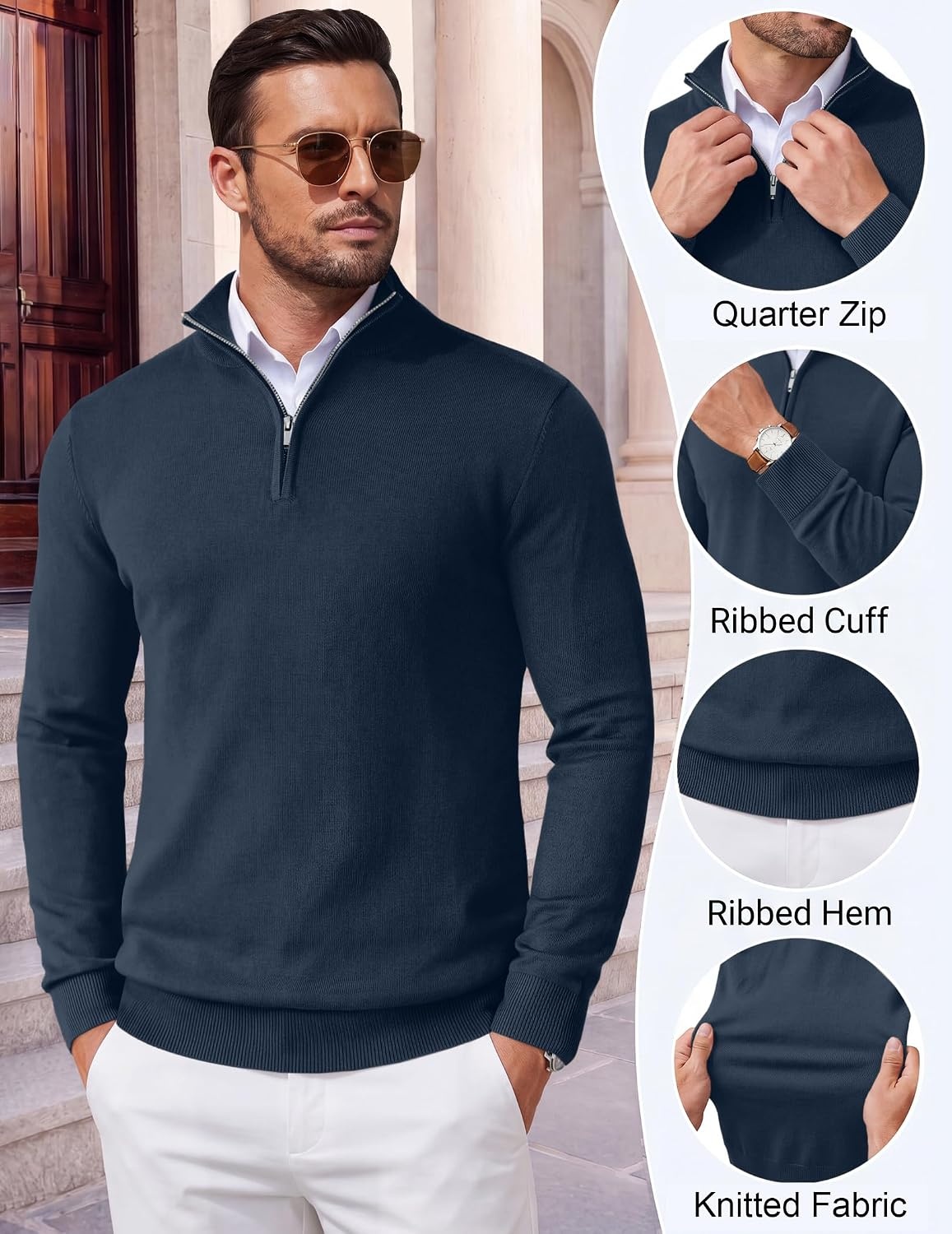 image:imageCOOFANDY Mens Quarter Zip Up Sweaters Slim Fit Lightweight Mock PulloverDenim Blue