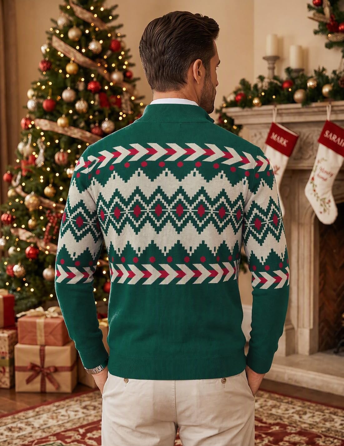 image:imageCOOFANDY Mens Quarter Zip Up Sweaters Slim Fit Lightweight Mock PulloverGreen Red Beige Pattern