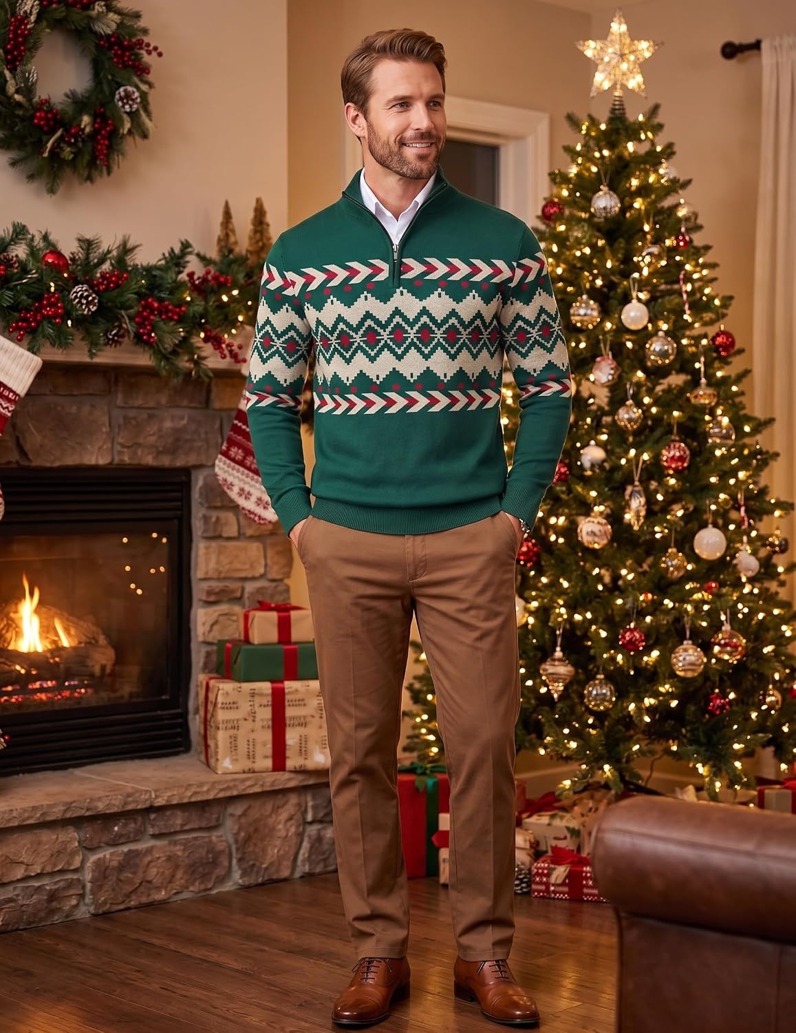 image:imageCOOFANDY Mens Quarter Zip Up Sweaters Slim Fit Lightweight Mock PulloverGreen Red Beige Pattern