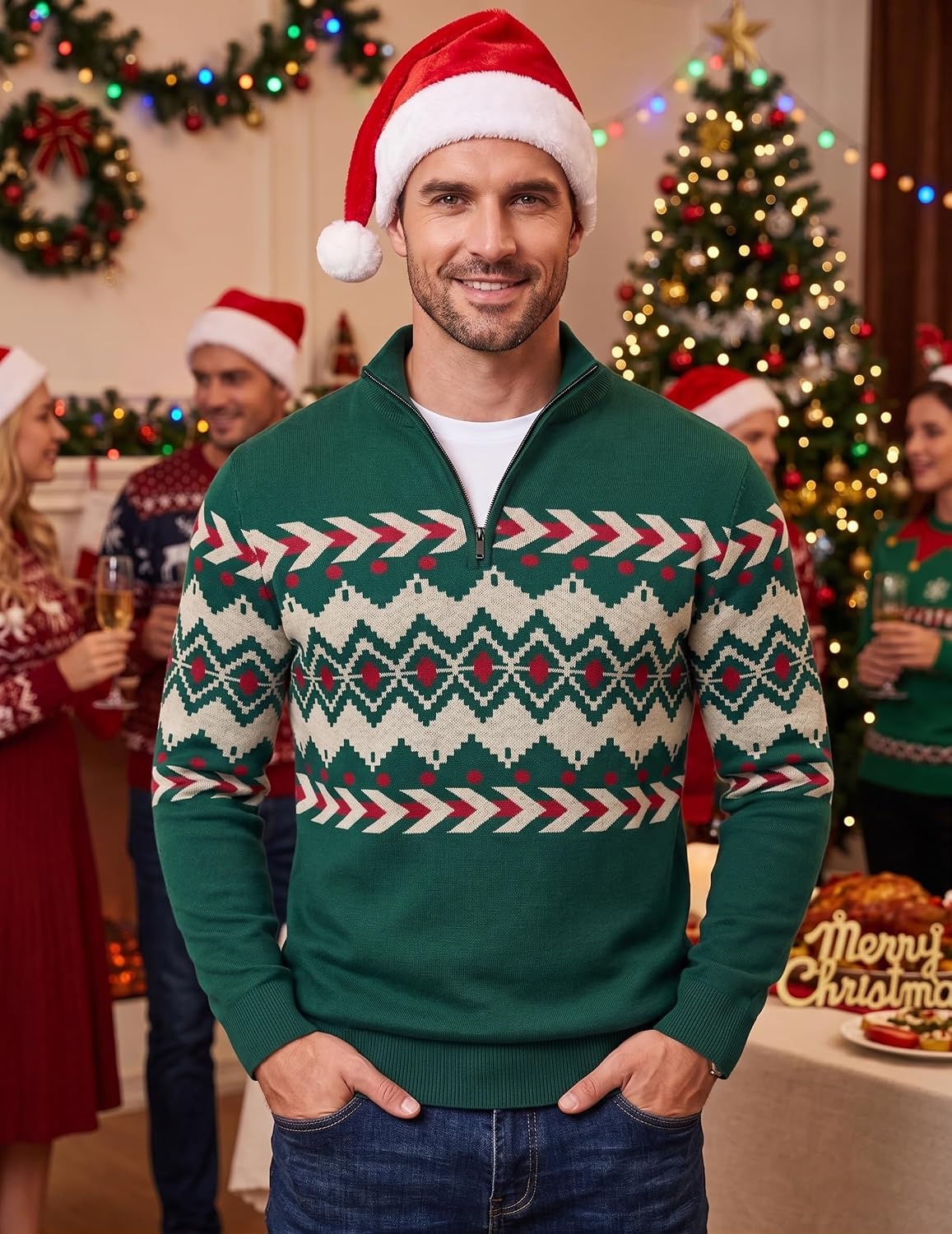 image:imageCOOFANDY Mens Quarter Zip Up Sweaters Slim Fit Lightweight Mock PulloverGreen Red Beige Pattern