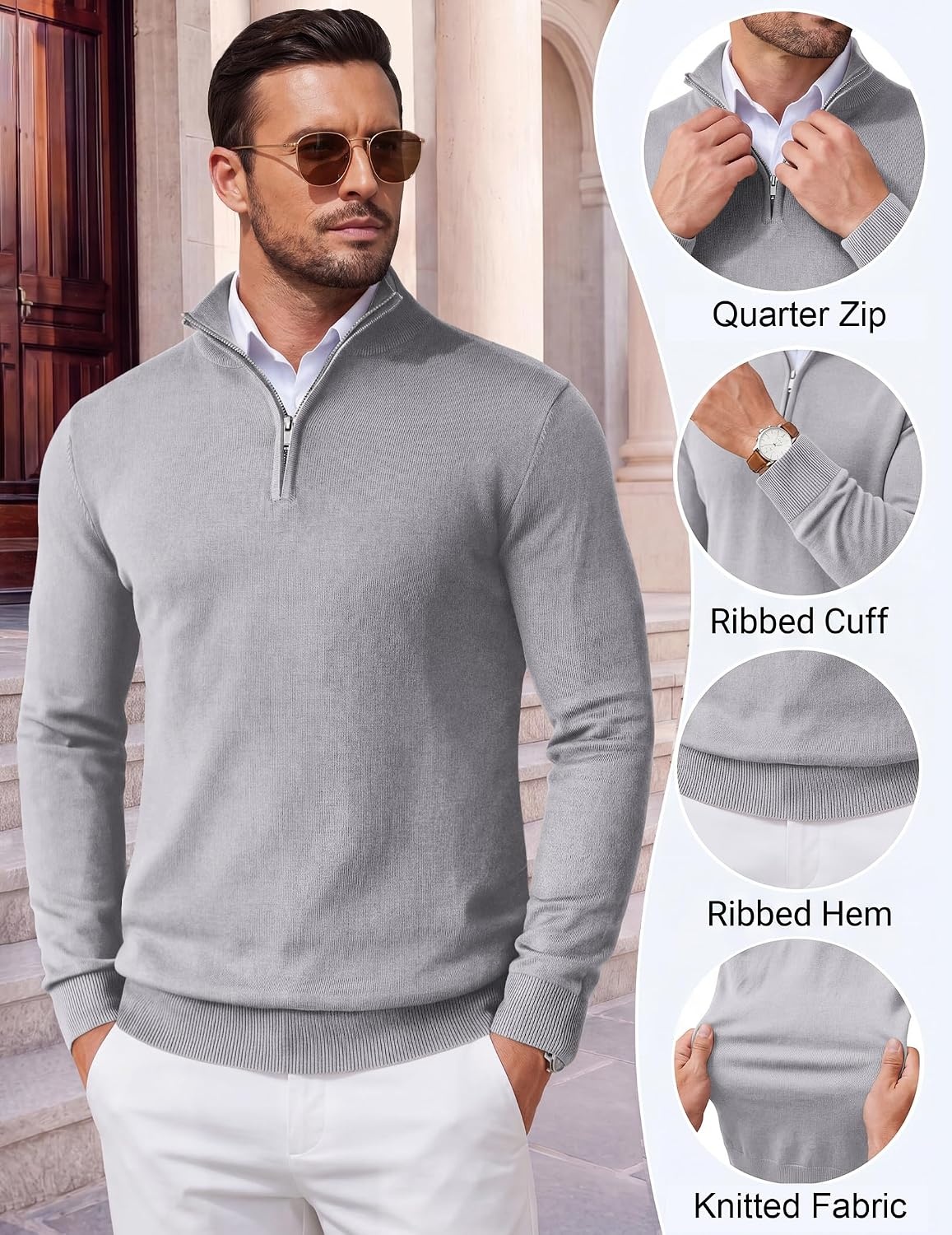 image:imageCOOFANDY Mens Quarter Zip Up Sweaters Slim Fit Lightweight Mock PulloverLight Grey