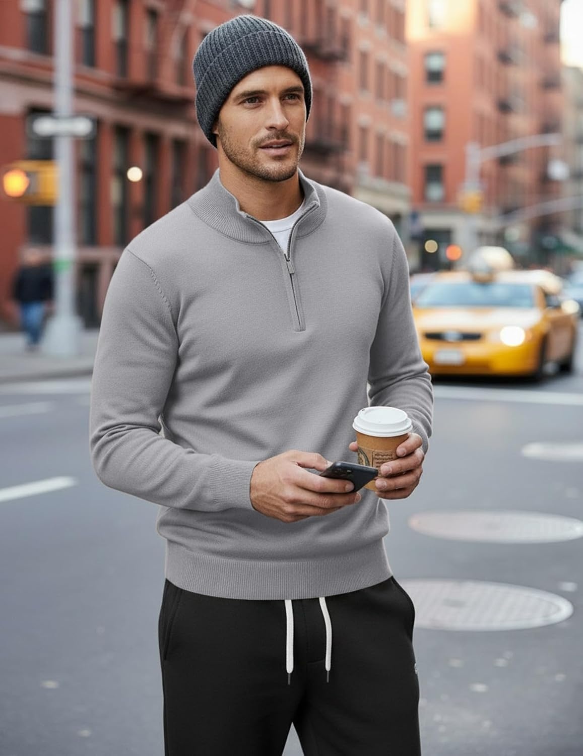 image:imageCOOFANDY Mens Quarter Zip Up Sweaters Slim Fit Lightweight Mock PulloverLight Grey