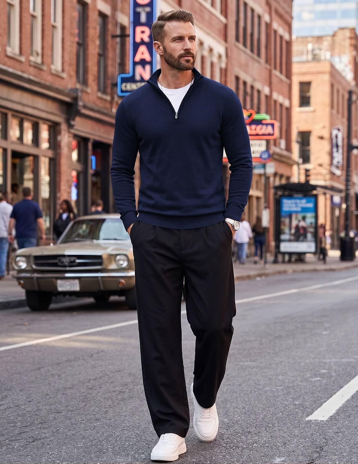 image:imageCOOFANDY Mens Quarter Zip Up Sweaters Slim Fit Lightweight Mock PulloverNavy Blue