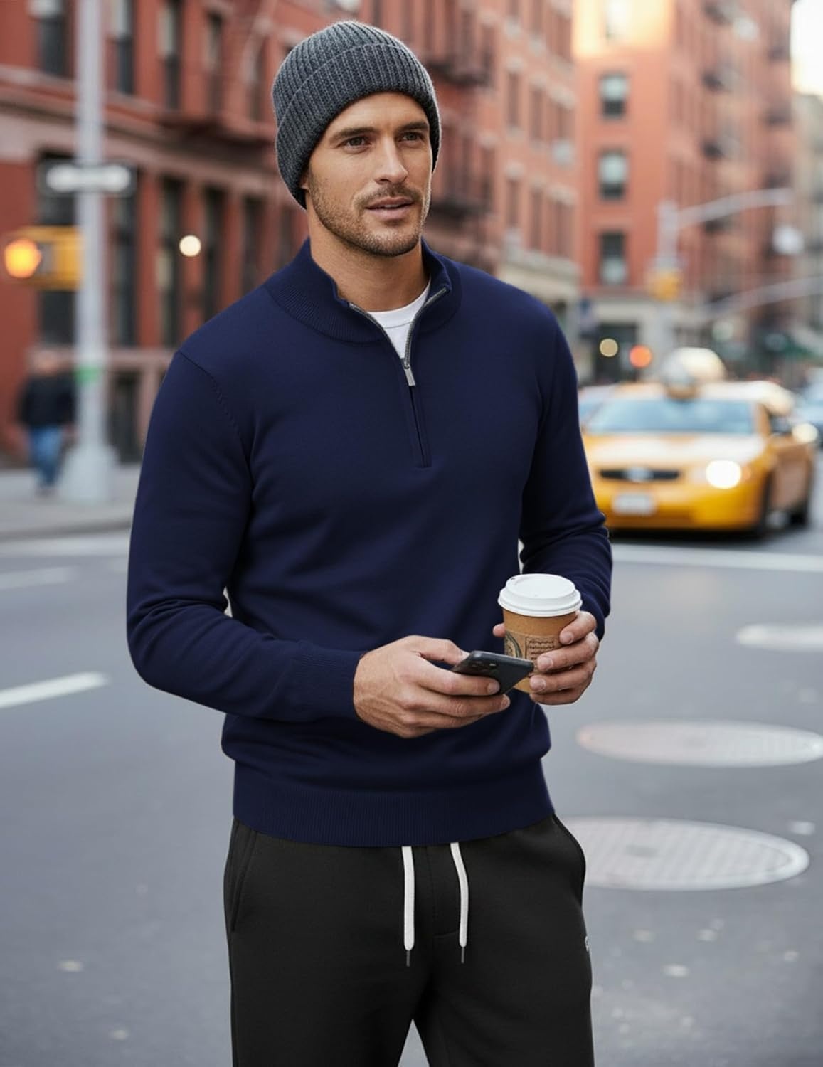 image:imageCOOFANDY Mens Quarter Zip Up Sweaters Slim Fit Lightweight Mock PulloverNavy Blue