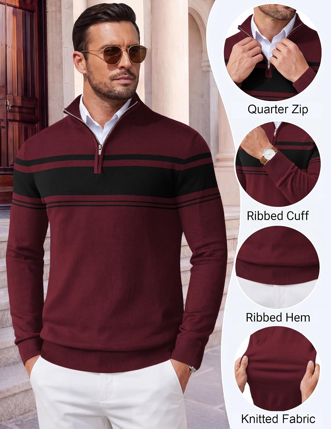 image:imageCOOFANDY Mens Quarter Zip Up Sweaters Slim Fit Lightweight Mock PulloverRed Black Stripe