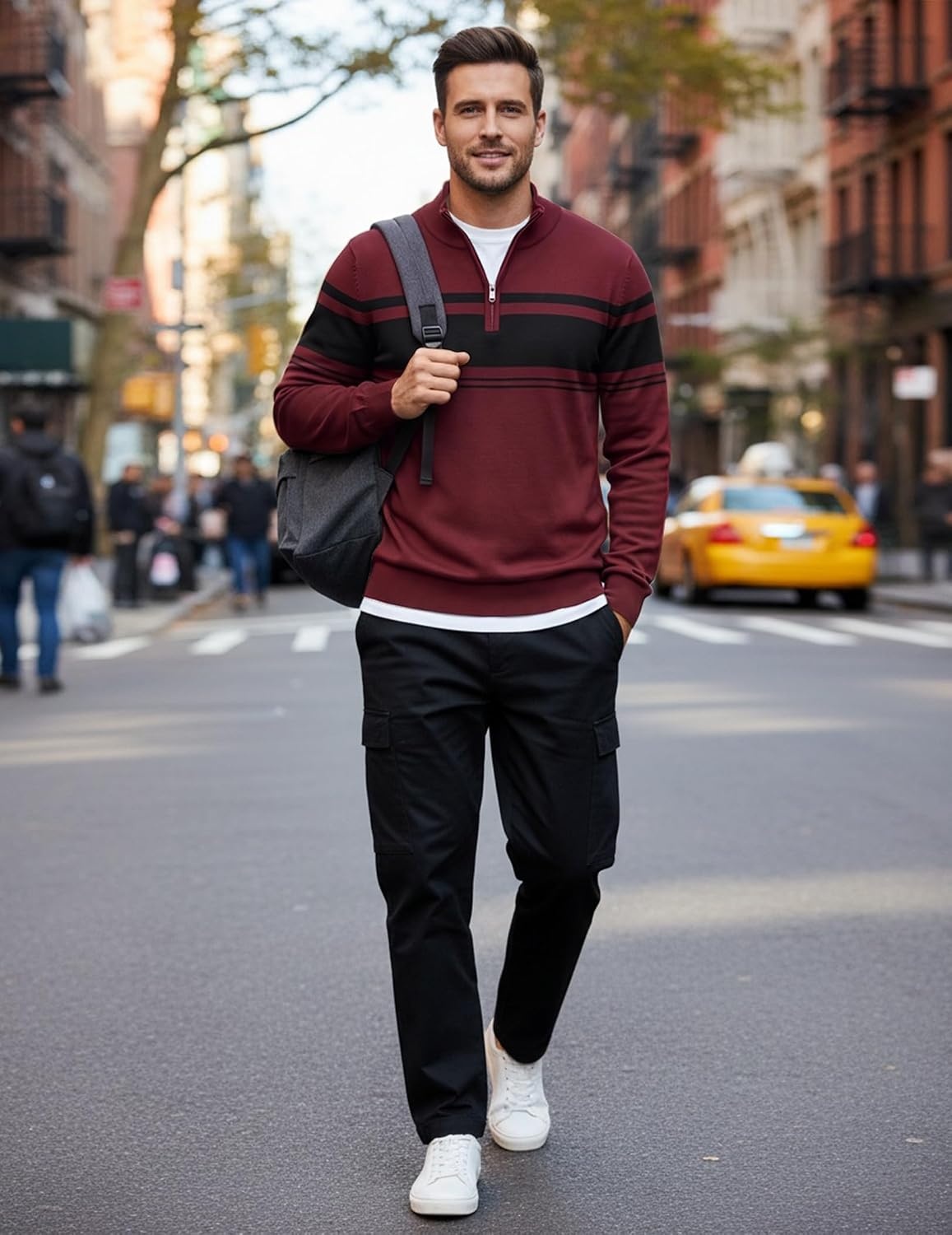 image:imageCOOFANDY Mens Quarter Zip Up Sweaters Slim Fit Lightweight Mock PulloverRed Black Stripe