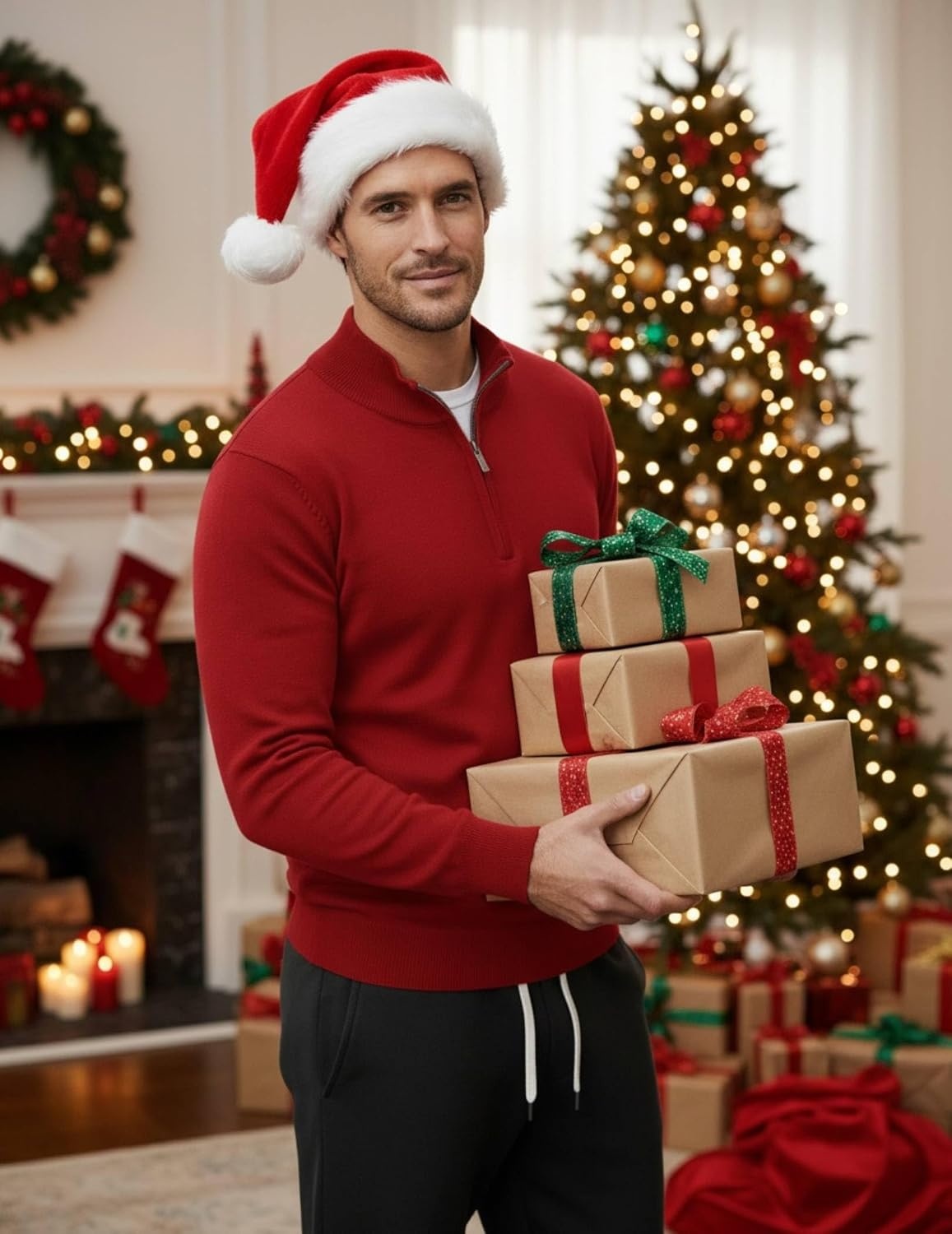 image:imageCOOFANDY Mens Quarter Zip Up Sweaters Slim Fit Lightweight Mock PulloverRed