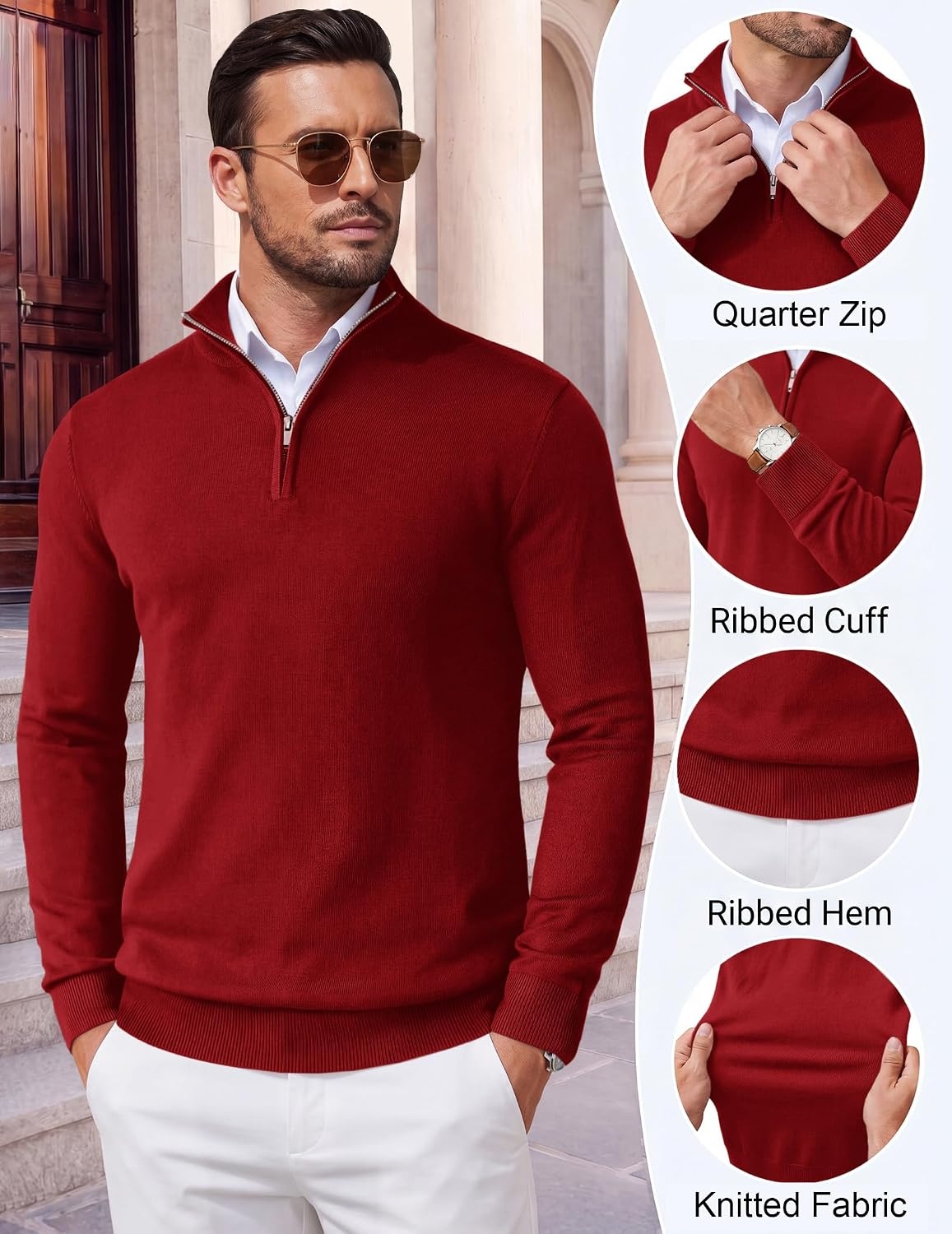 image:imageCOOFANDY Mens Quarter Zip Up Sweaters Slim Fit Lightweight Mock PulloverRed