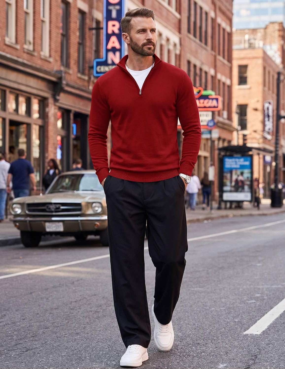 image:imageCOOFANDY Mens Quarter Zip Up Sweaters Slim Fit Lightweight Mock PulloverRed