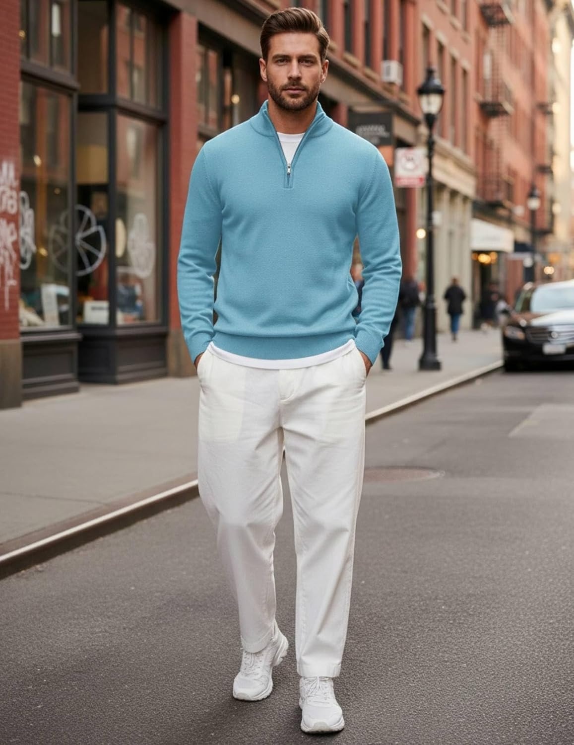 image:imageCOOFANDY Mens Quarter Zip Up Sweaters Slim Fit Lightweight Mock PulloverSky Blue