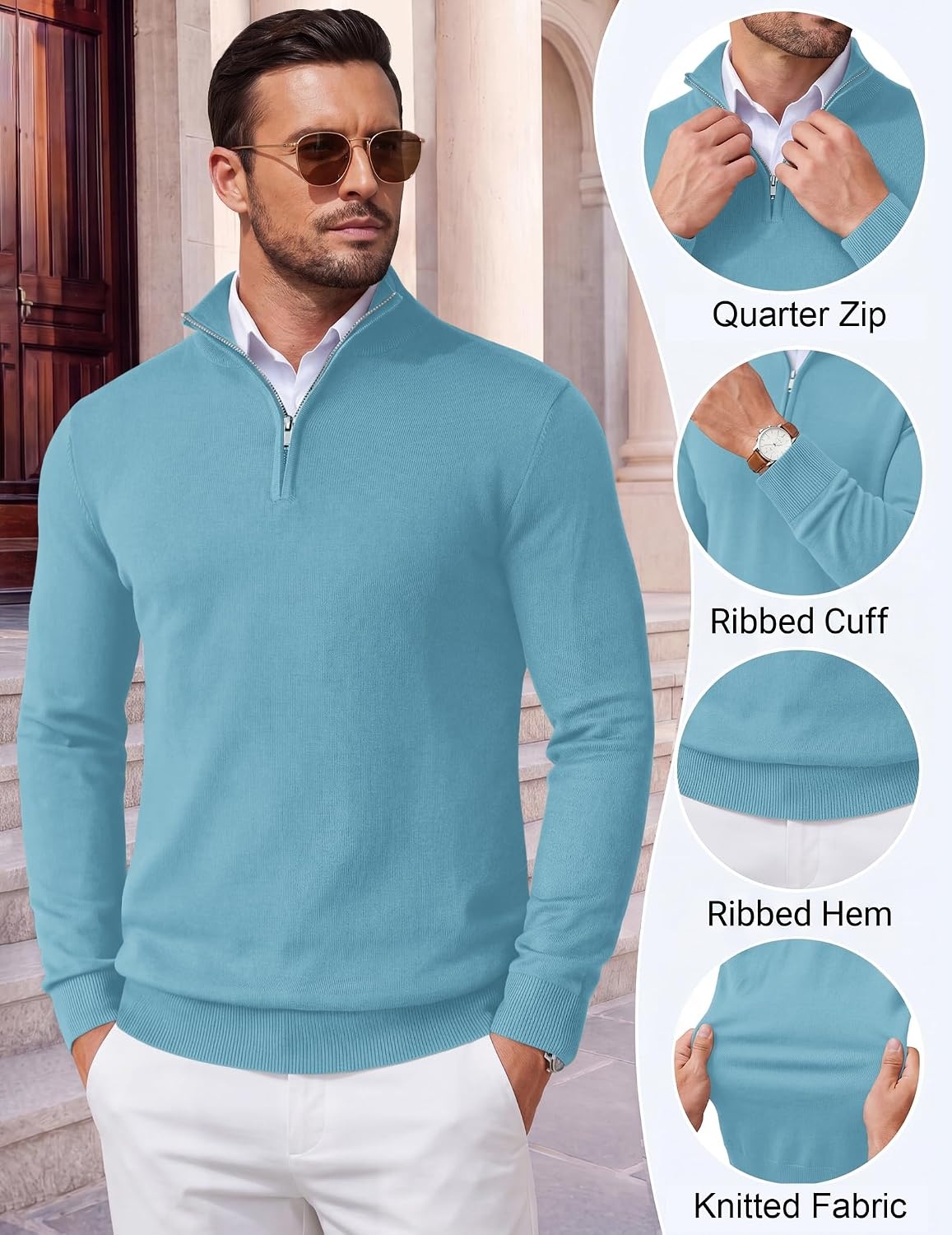 image:imageCOOFANDY Mens Quarter Zip Up Sweaters Slim Fit Lightweight Mock PulloverSky Blue
