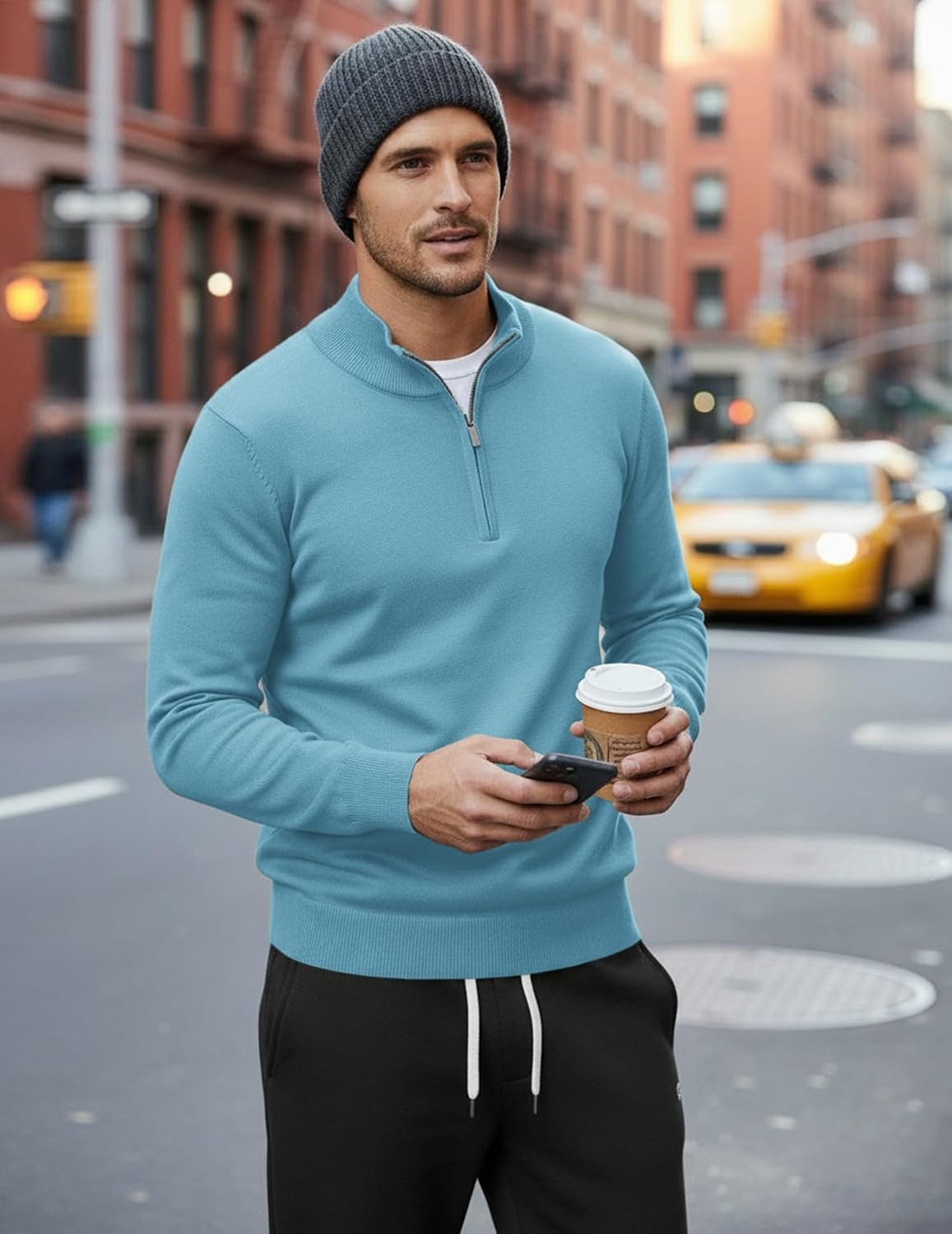 image:imageCOOFANDY Mens Quarter Zip Up Sweaters Slim Fit Lightweight Mock PulloverSky Blue