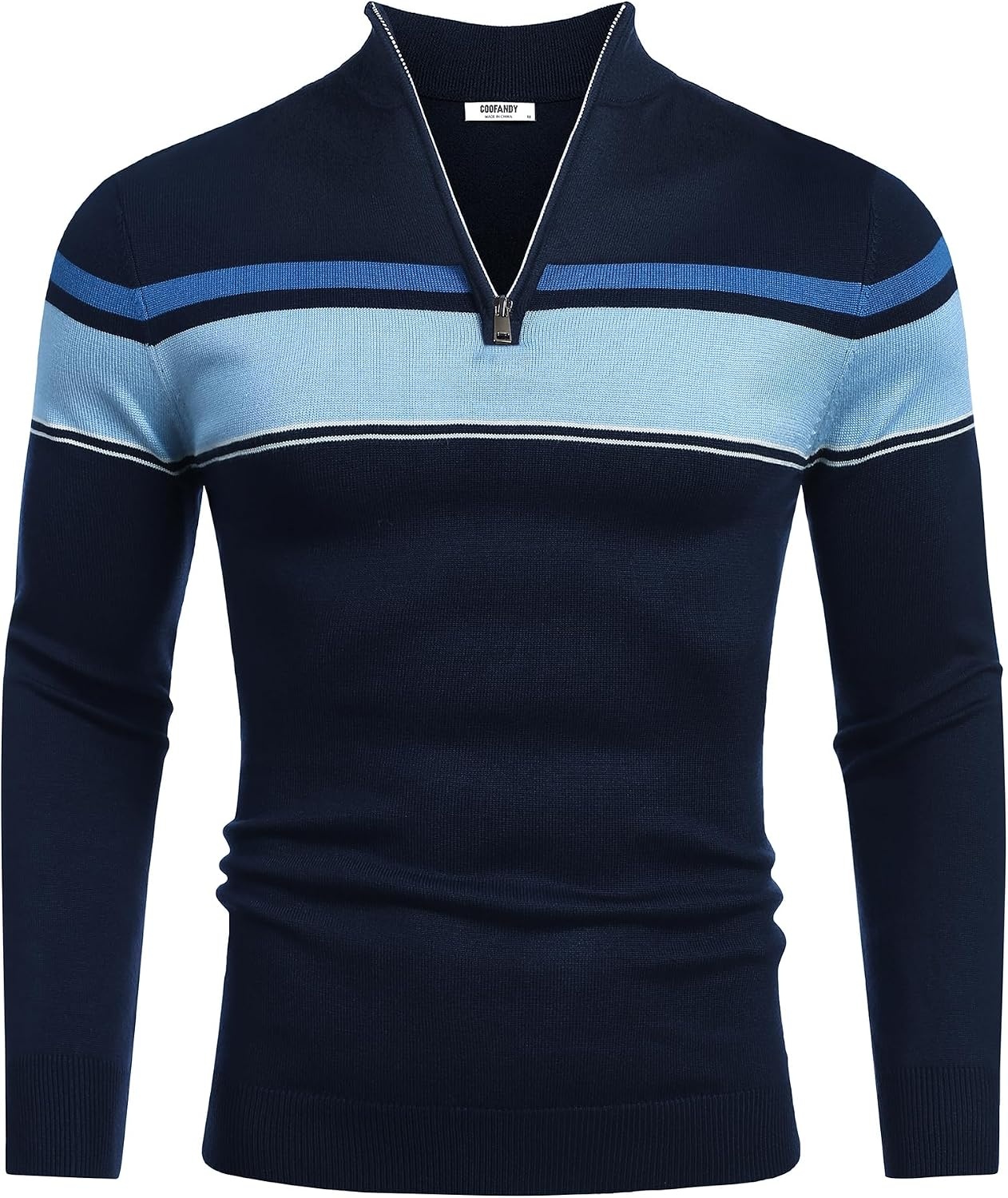 image:imageCOOFANDY Mens Quarter Zip Up Sweaters Slim Fit Lightweight Mock PulloverStripeblue