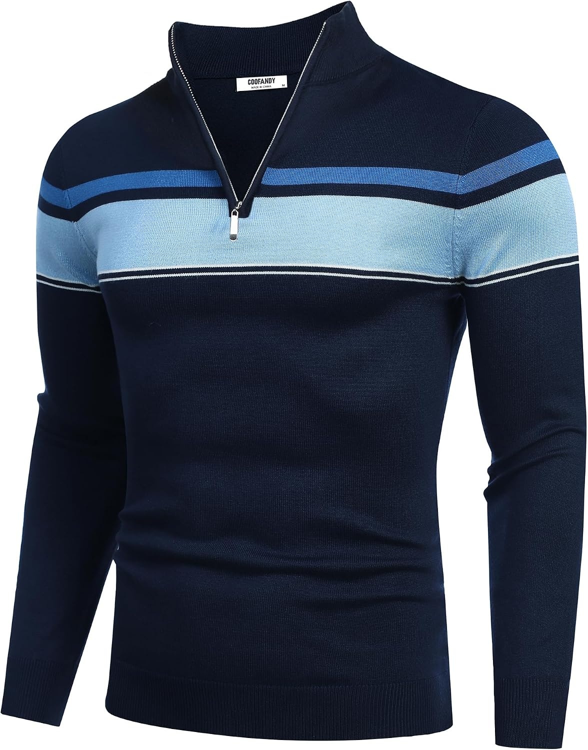 image:imageCOOFANDY Mens Quarter Zip Up Sweaters Slim Fit Lightweight Mock PulloverStripeblue