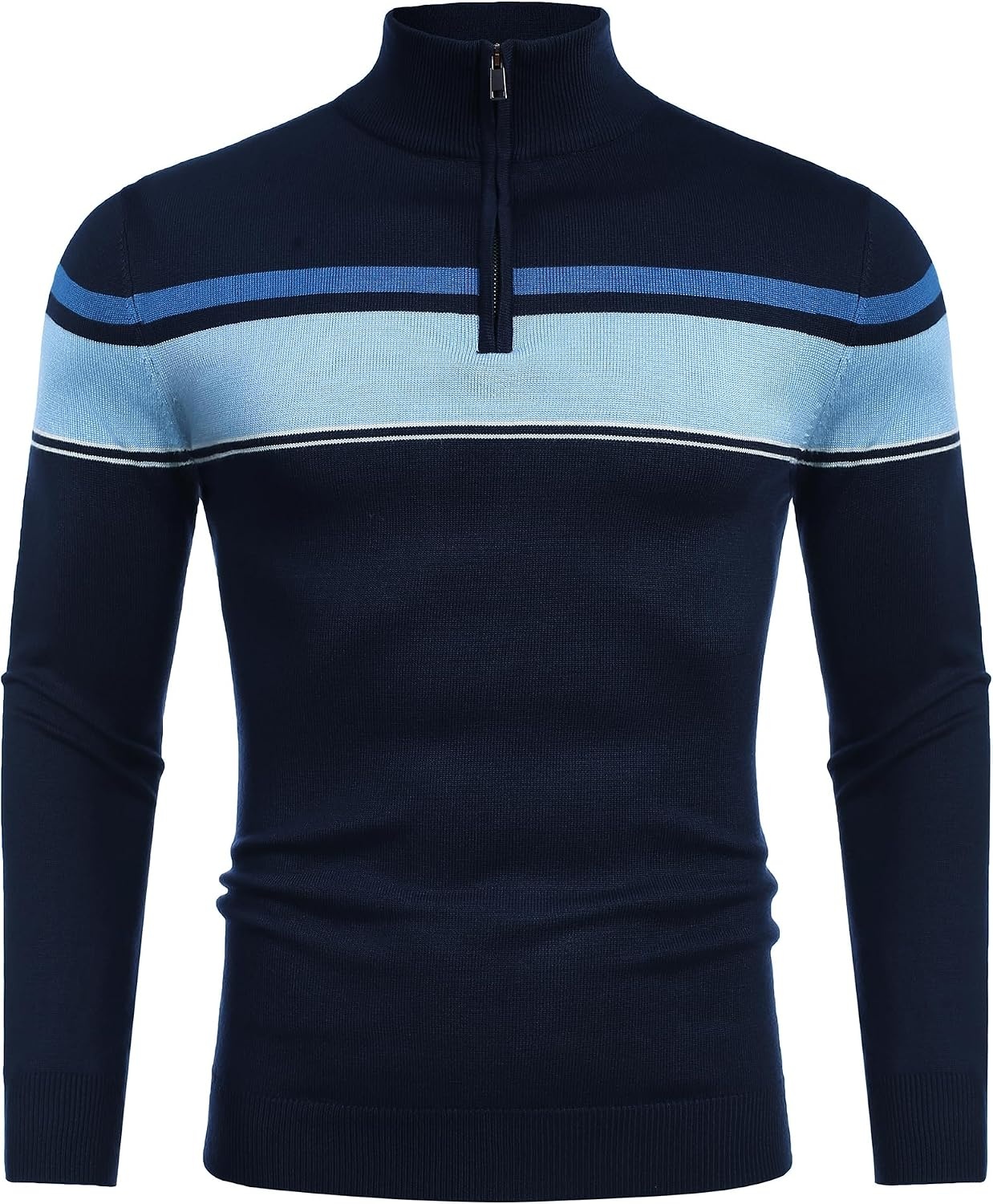 image:imageCOOFANDY Mens Quarter Zip Up Sweaters Slim Fit Lightweight Mock PulloverStripeblue