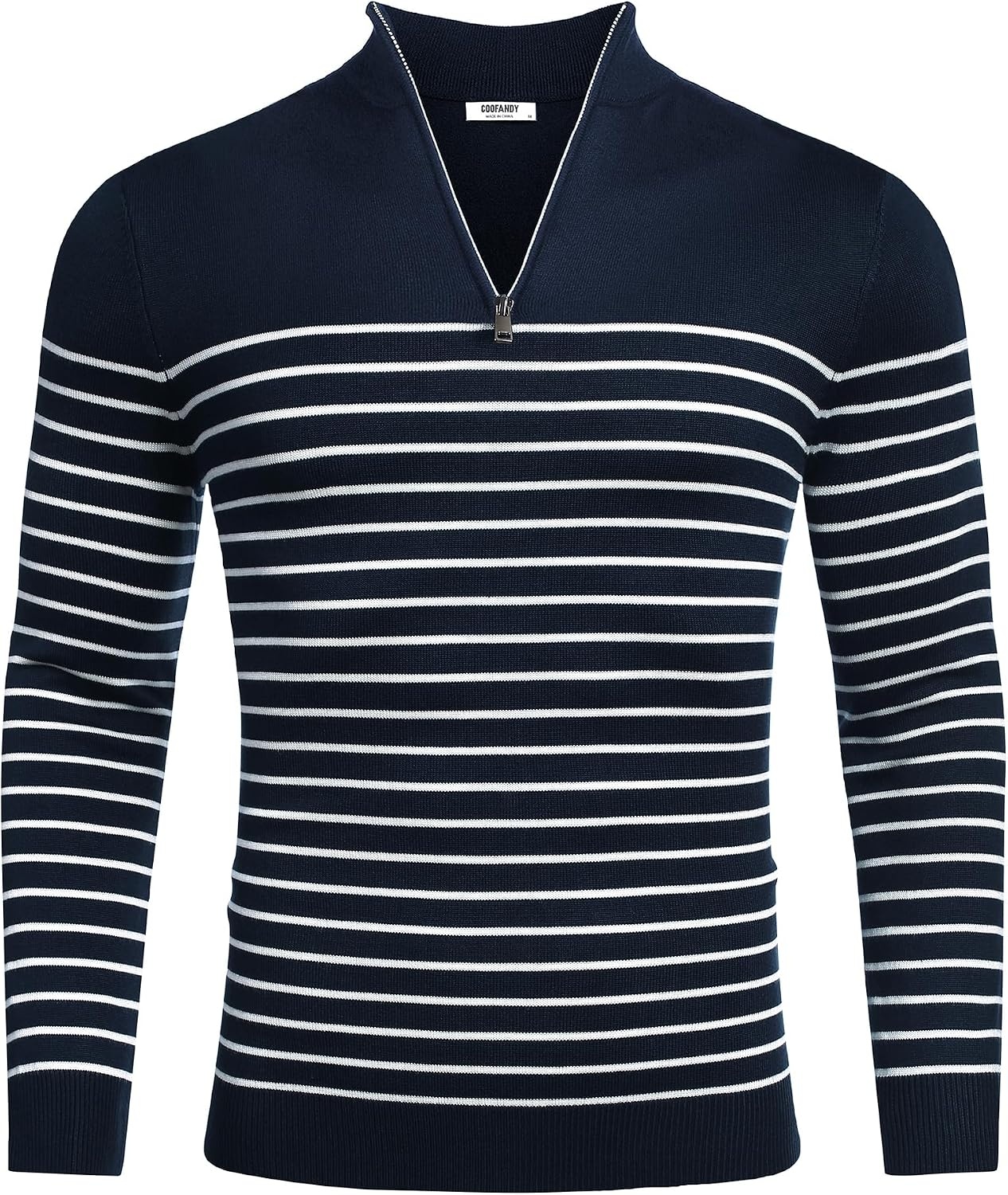 image:imageCOOFANDY Mens Quarter Zip Up Sweaters Slim Fit Lightweight Mock PulloverStripewhite Navy