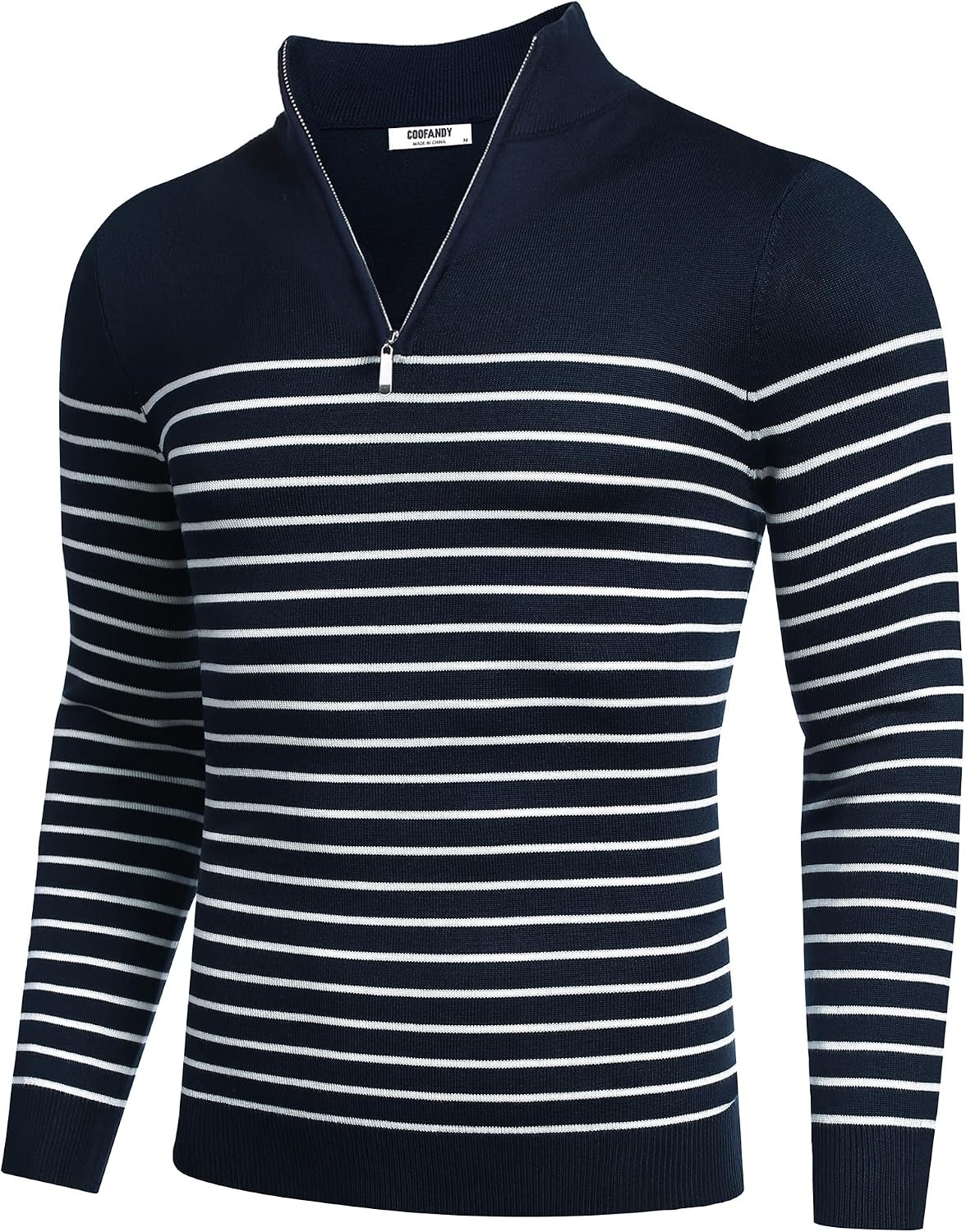 image:imageCOOFANDY Mens Quarter Zip Up Sweaters Slim Fit Lightweight Mock PulloverStripewhite Navy